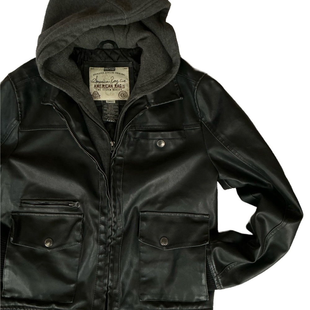 Vintage American Rag CIE Moto Bomber Faux Leather Jacket w/ Hood S grunge emo